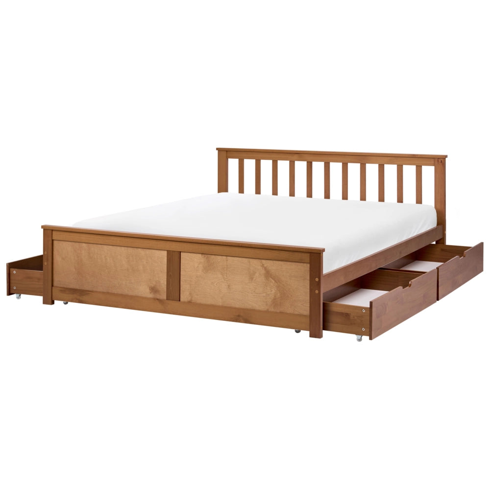 Letto matrimoniale in legno di pino e MDF 140 x 200 cm con contenitore a 4 cassetti marrone stile minimalista