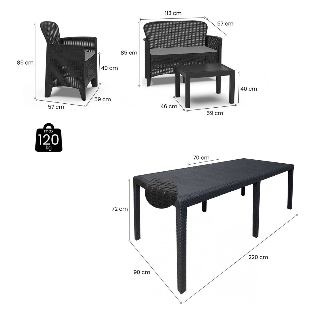 Salottino Outdoor Domaso, set Salotto da Esterno Salottino 4 Posti, Tavolo 10 Posti Posti Made in Italy, Nero Antracite