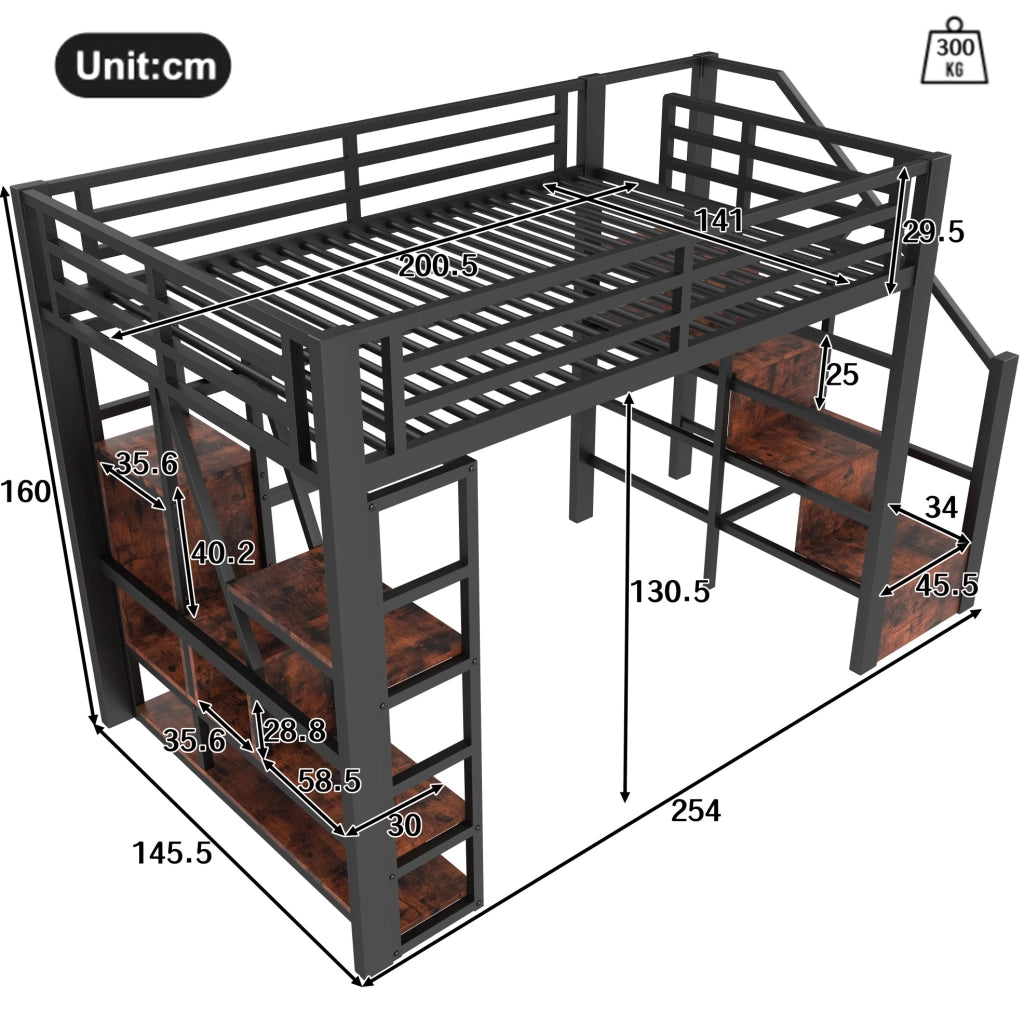 Letto a soppalco 140x200 cm con LED; scaffali e scala contenitore in metallo e MDF nero