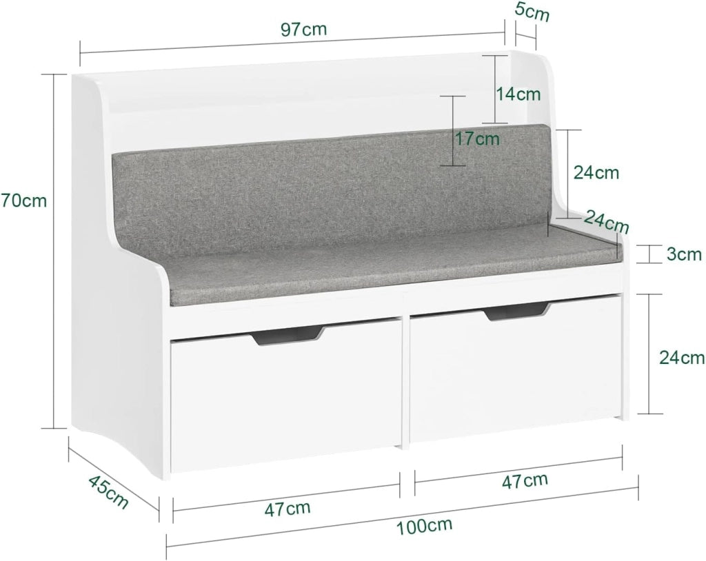 Panca per Bambini con Ruote Libreria con Scatola Portaoggetti Panca per Scarpe con Cuscino Sedile Bianco 100x45x70cm KMB66-W