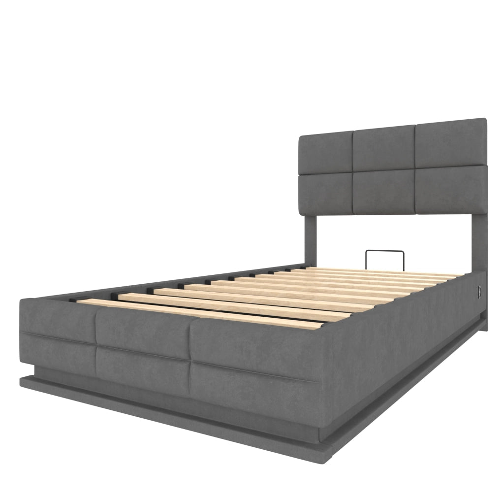 Letto 90x200 cm con testiera regolabile; LED; USB e contenitore in velluto grigio scuro