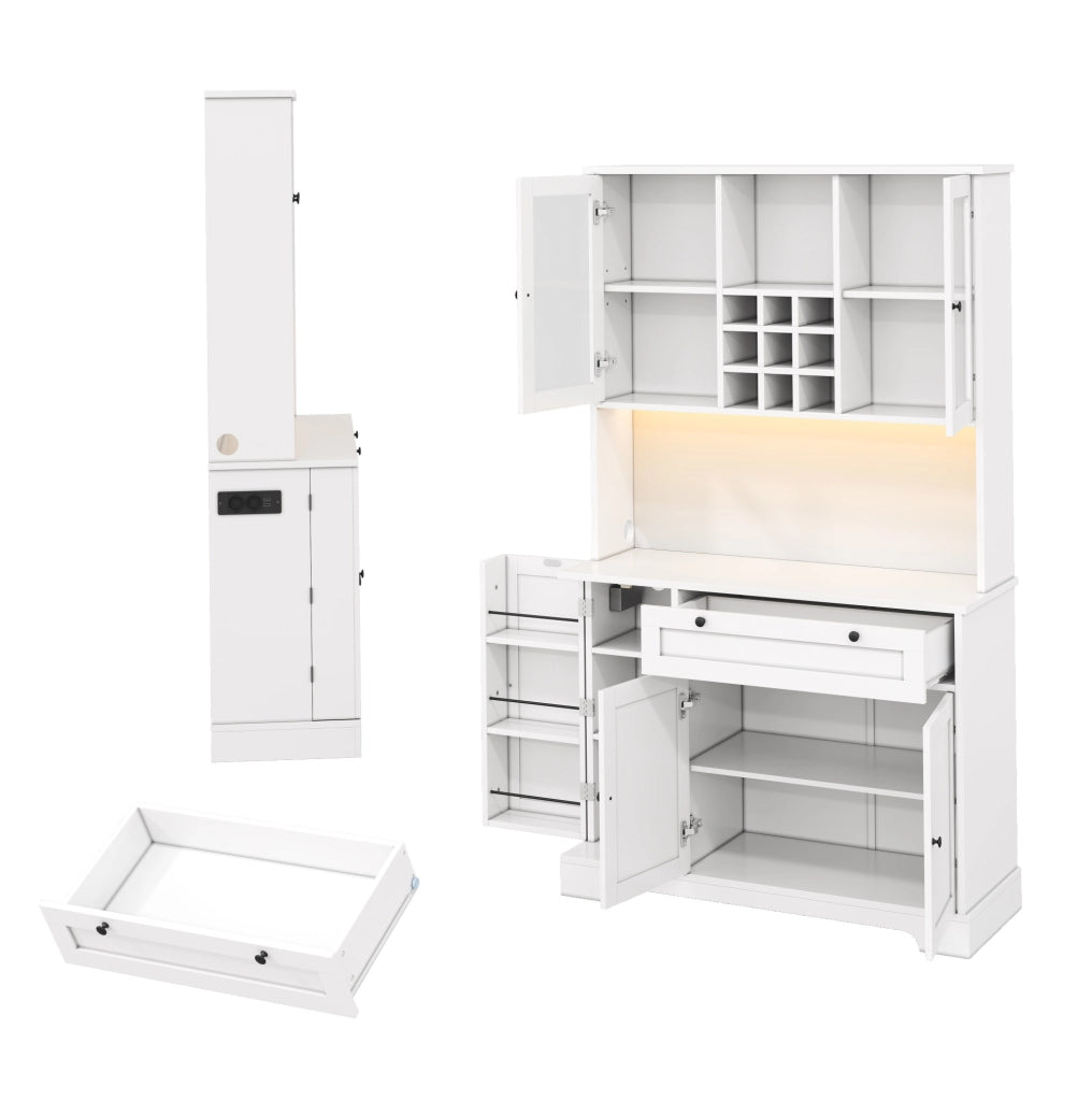 Credenza alta con LED RGB, prese USB e AC, ripiani regolabili e vetrine in vetro temperato, 180 cm