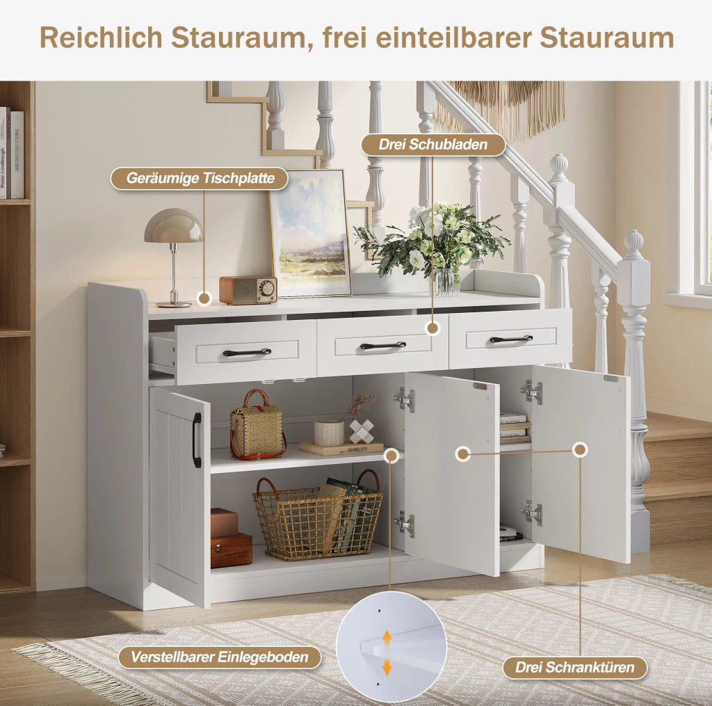 Credenza bianca 120 x 35 x 80 cm con 3 cassetti e 3 ante; in truciolare