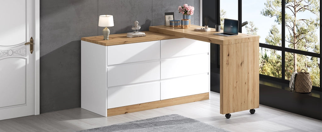 Scrivania girevole con 6 cassetti e ruote bloccabili, per ufficio in casa e camera, in truciolare, bianco e rovere, 120 × 50 cm
