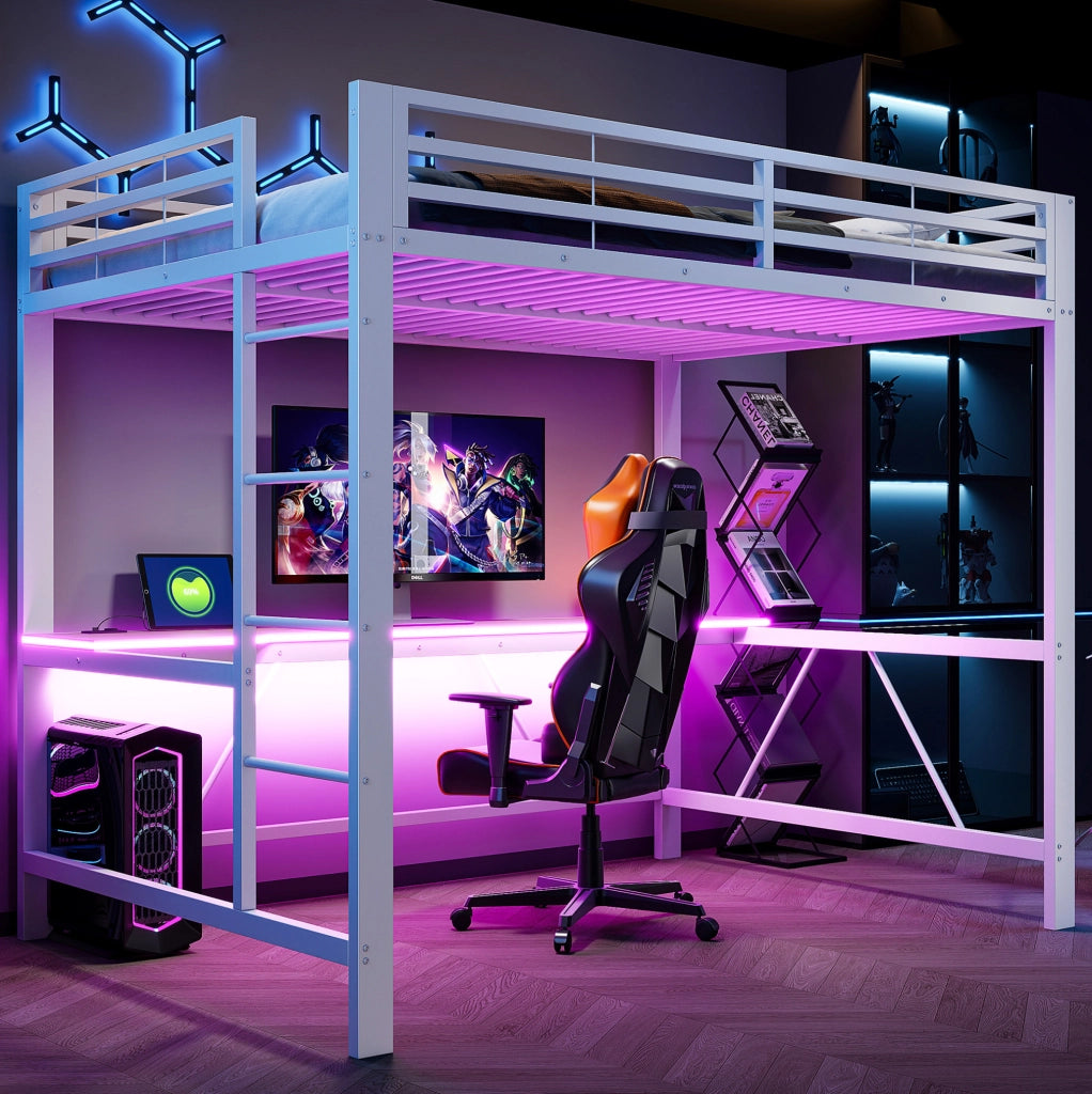 Letto a soppalco 140x200 con scrivania e LED bianco