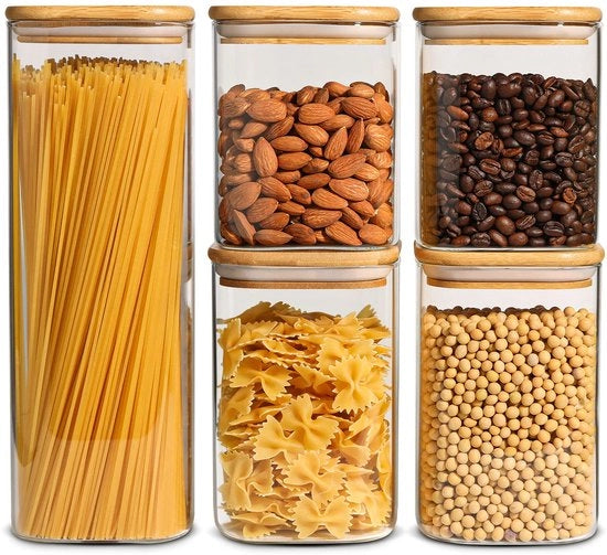 Set di contenitori per la dispensazione di 5 pezzi, 800ml/1100ml/2100ml, con coperchi, con diametro 10cm, per ingredienti della cucina, contenitori in vetro liscio con coperchi per pasta, farina, cereali, zucchero