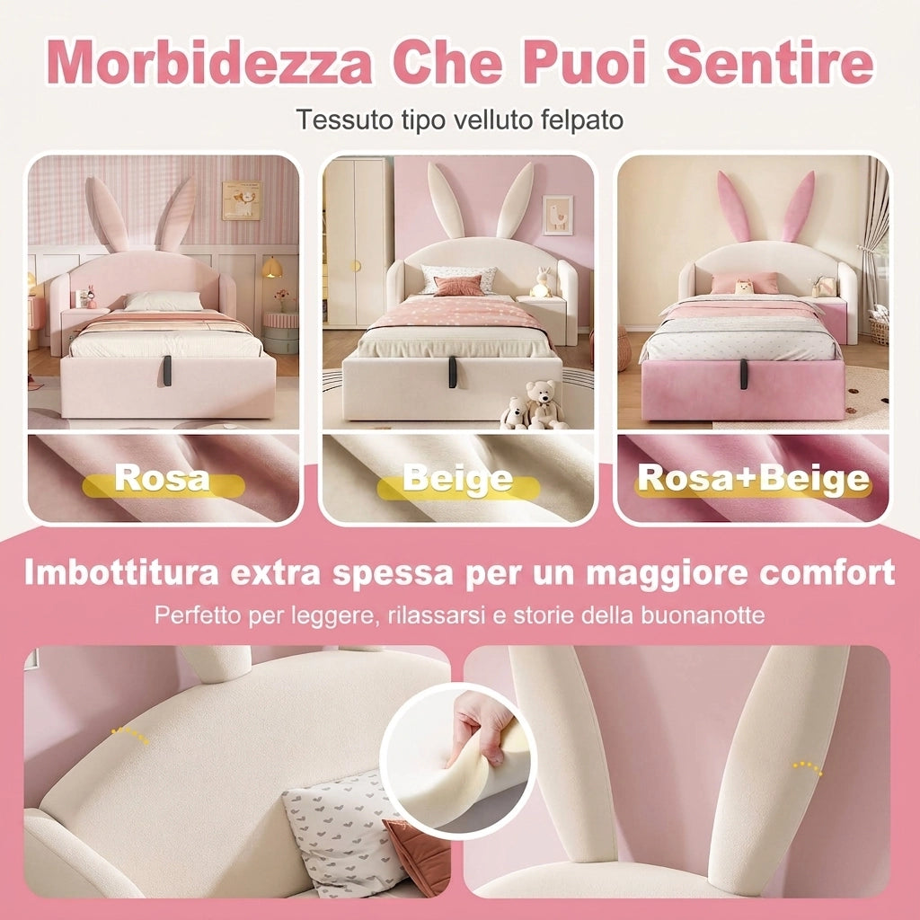 Letto per bambini 90x190 con contenitore e comodino; letto imbottito in velluto beige