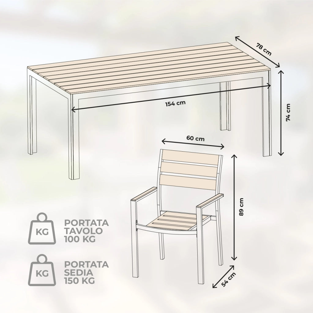Set Tavolo da Giardino con 6 Sedie in Acciaio e Piano HDPE Effetto Teak, Tavolo Esterno Rettangolare Moderno Resistente alle Intemperie, Arredo Outdoor Terrazzo Balcone Beige