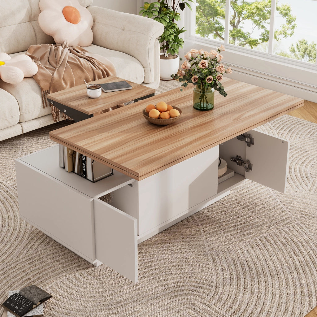 TAVOLO DA CAFFÈ Sollevabile 100x50x55,5 cm Bianco e Legno con 2 ante