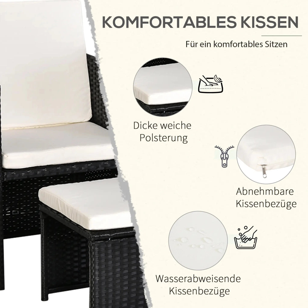 Set da pranzo in polyrattan, 11 pezzi, set da giardino con cuscini, nero, resistente alle intemperie ed elegante per giardino e patio.