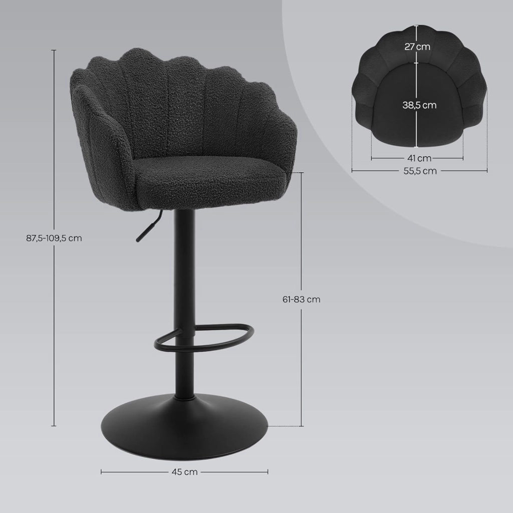 Sgabelli Cucina Set di 2, Regolabile e Girevole a 360°, Seduta in Tessuto Teddy, con Schienale e Poggiapiedi, per Cucina, Sala da Pranzo, Bar, Nero