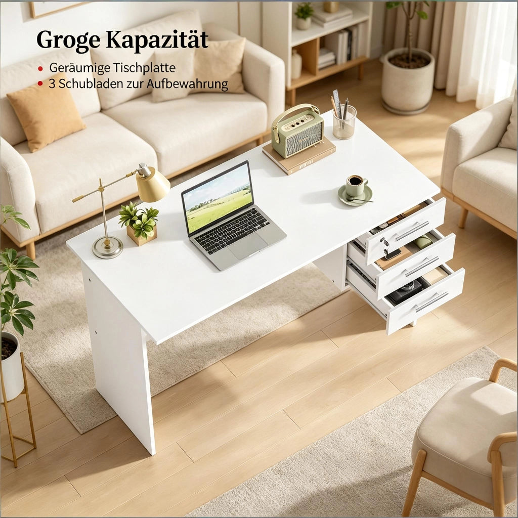 Scrivania lineare con 3 cassetti e serratura, per ufficio e studio, in legno, bianco, 120 × 60 × 75 cm