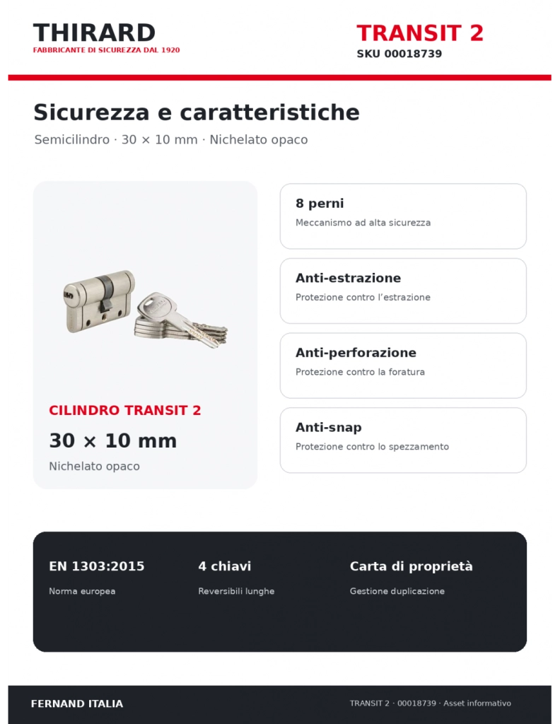 Semicilindro europeo 30 x 10 mm, nichelato, camma orientabile, 4 chiavi – THIRARD