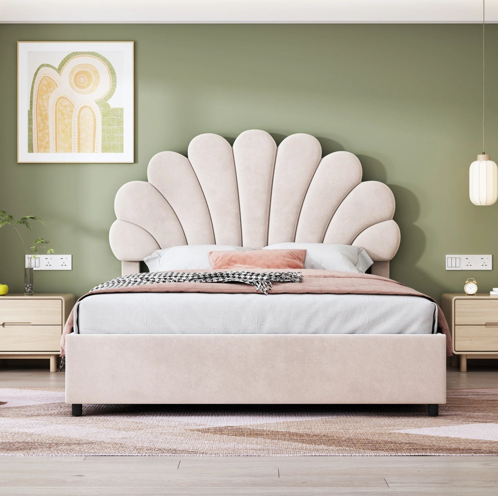 Letto imbottito 140x200 cm con contenitore idraulico e testiera floreale beige