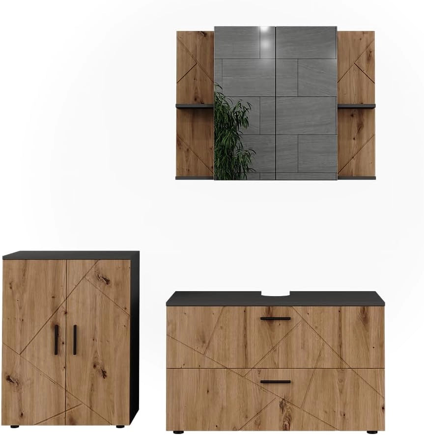 Set di mobili da bagno Irma, Antracite/Artisan, 100.1 cm, composto da mobile sottolavabo, specchiera e colonna alta