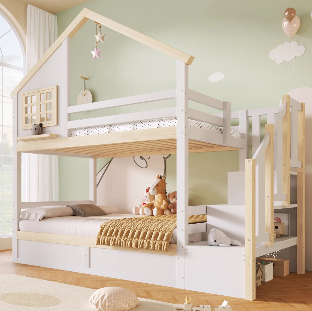 Letto a castello 90x200 cm con letto superiore a casetta; protezione e contenitore idraulico; bianco e naturale