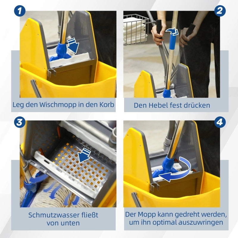 Carrello professionale per pulizie con secchio da 25 L, strizzatore, cestello portaoggetti e 4 ruote