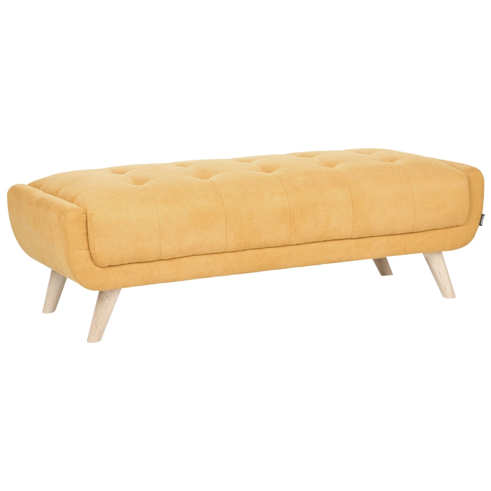 Divano a due posti in tessuto con poggiapiedi cuscini decorativi e gambe in legno trapuntatura decorativa stile retrò senape