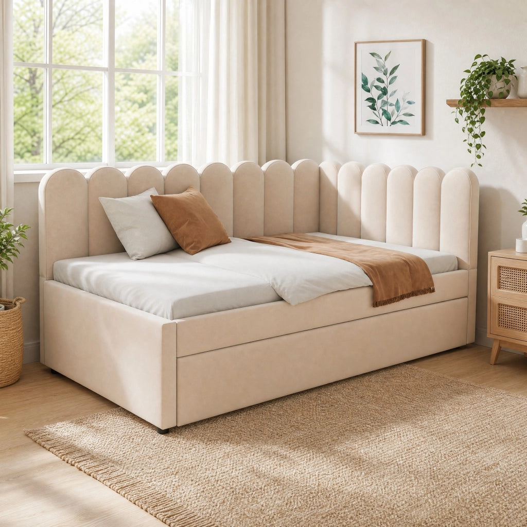 LETTO SOFA L 140x200 cm in velluto beige con letto estraibile