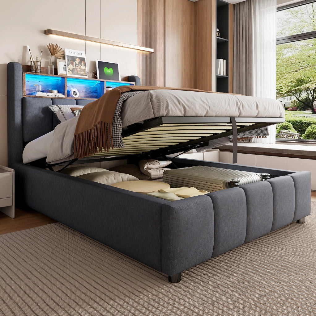 Letto imbottito con LED e porta USB Tipo C; contenitore idraulico 90x200 cm; grigio