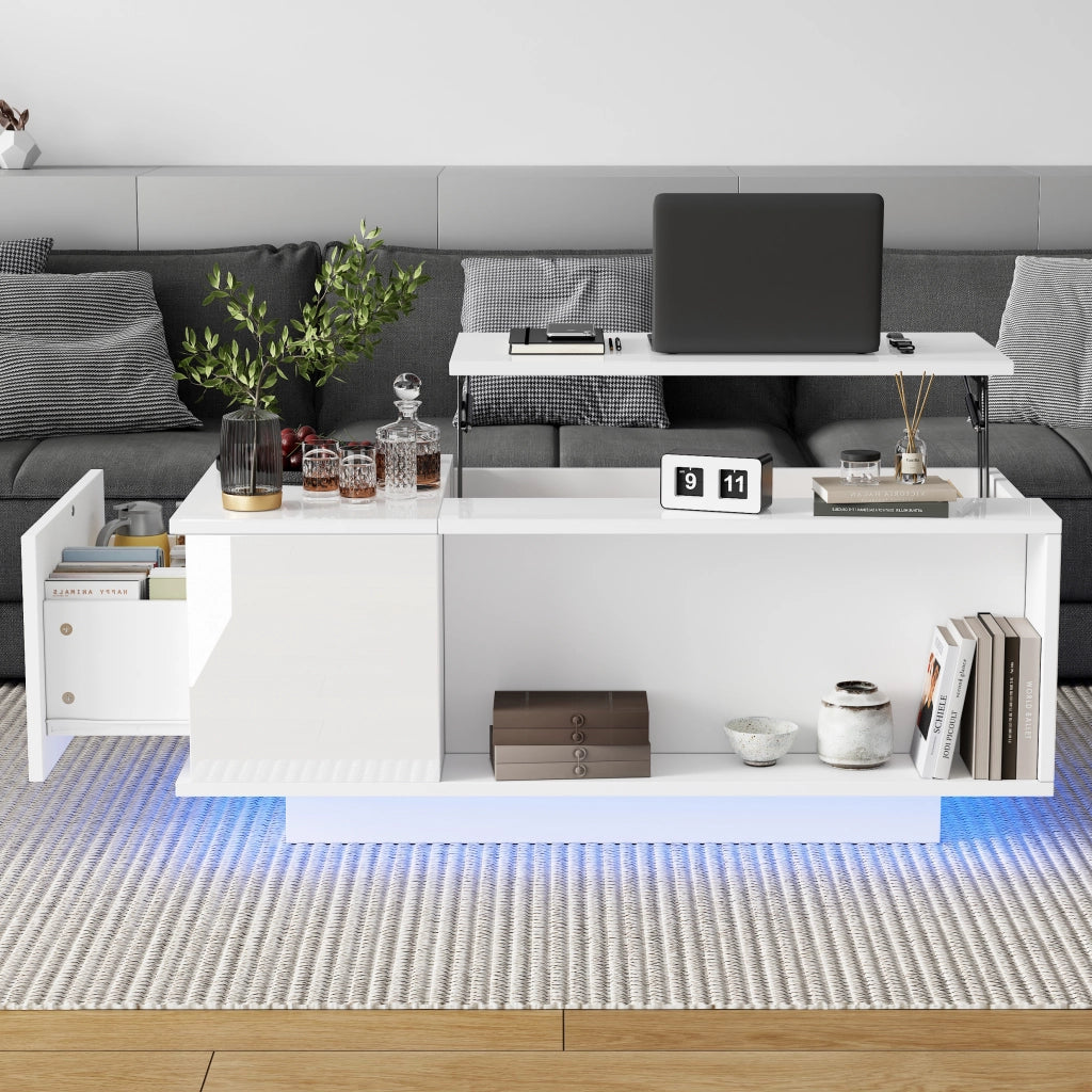 TAVOLINO da salotto 100x50x40 cm bianco in pannello di legno con piano sollevabile e LED
