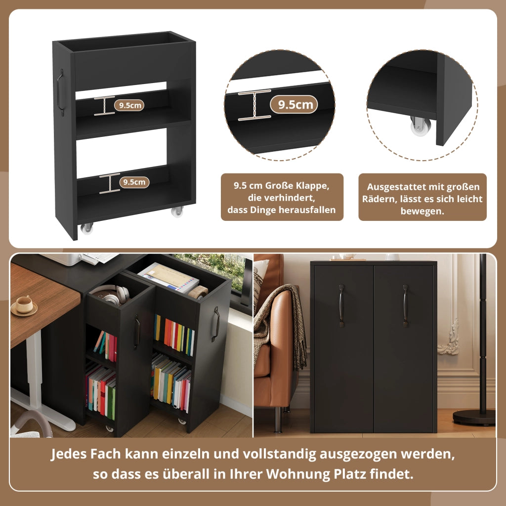 Libreria mobile con 2 cassetti estraibili, 3 ripiani e ruote, per ufficio e soggiorno, in truciolare nero, 52 × 50 × 75 cm