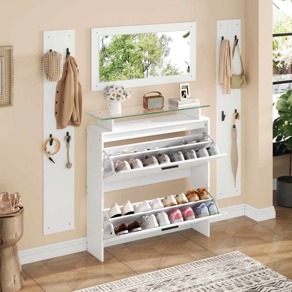 Set Guardaroba Ingresso 4 Pezzi Bianco 89;5×23×96;5 cm con Specchio; Scarpiera Lucida e 8 Ganci