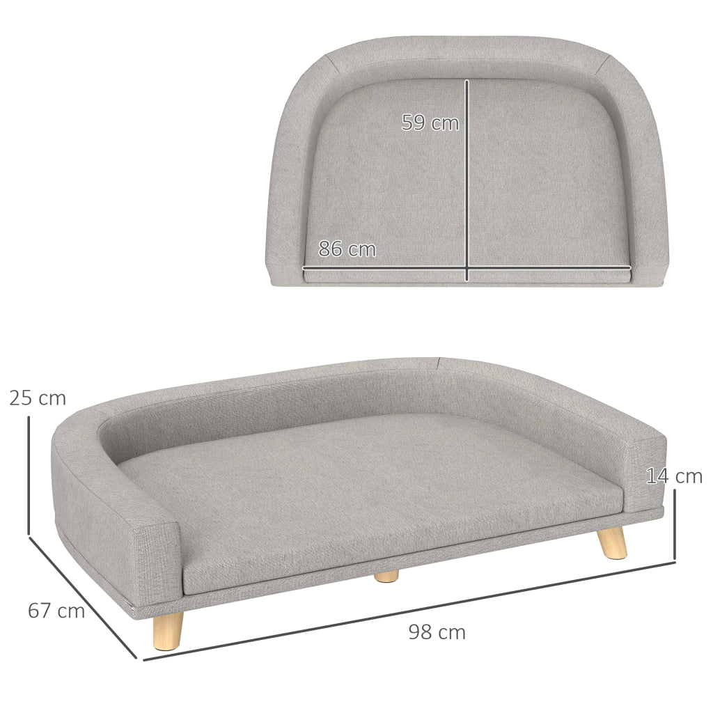 Divano per cani rialzato con cuscino sfoderabile, struttura in legno di pino, grigio, 98 x 67 x 25 cm