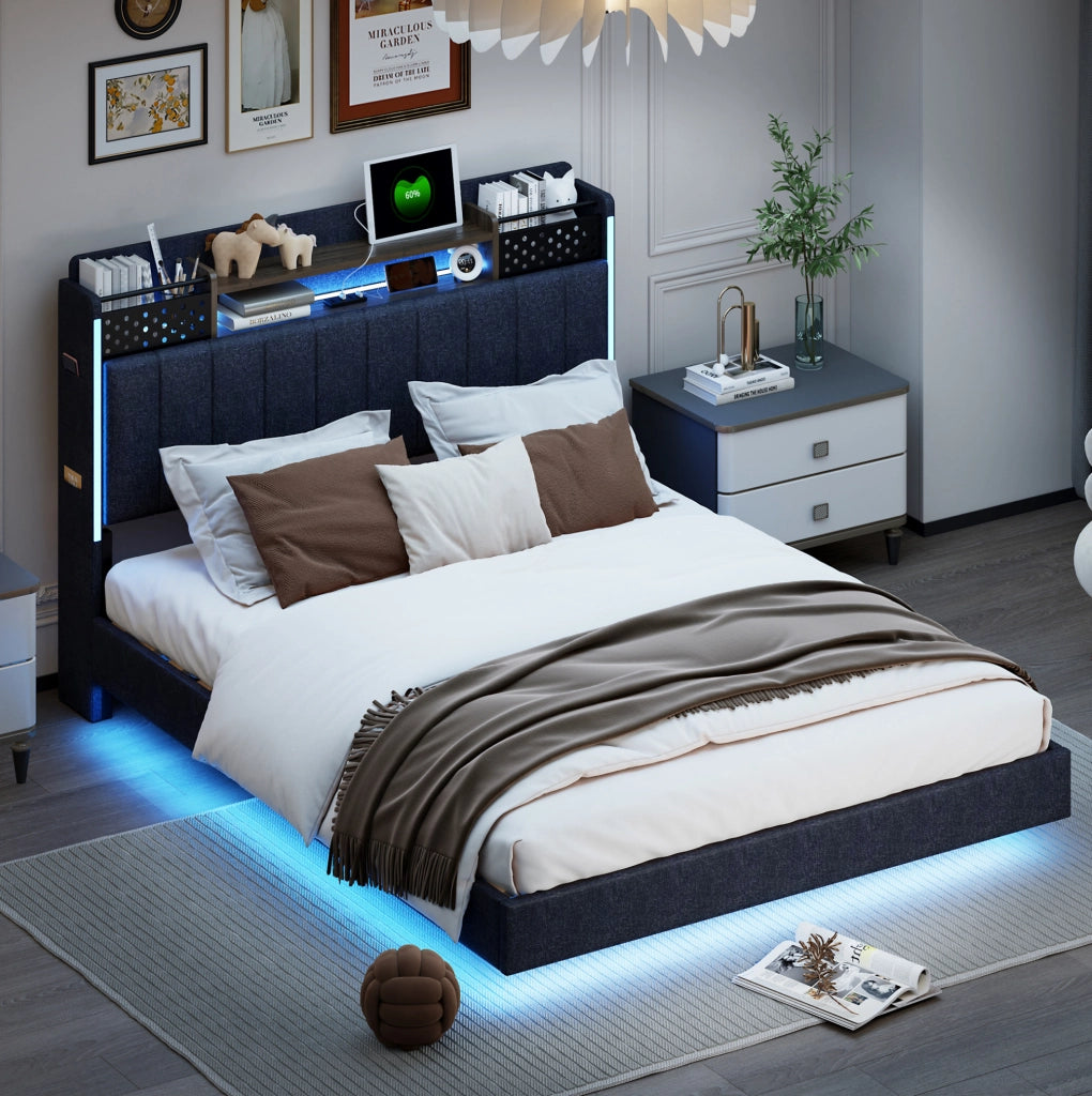 Letto imbottito 140 x 200 cm grigio con LED, USB e testiera contenitore