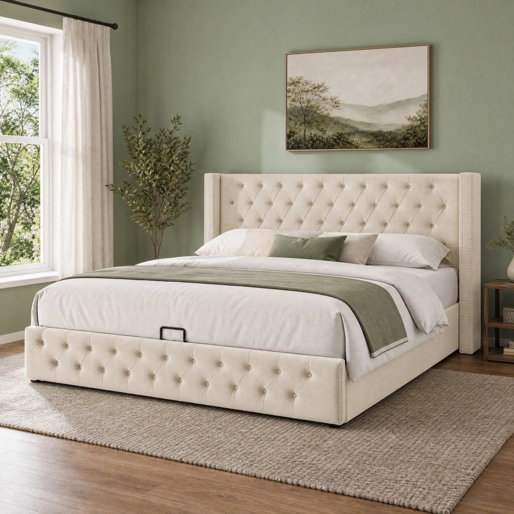 Letto matrimoniale contenitore 160x200 cm in velluto beige stile Chesterfield