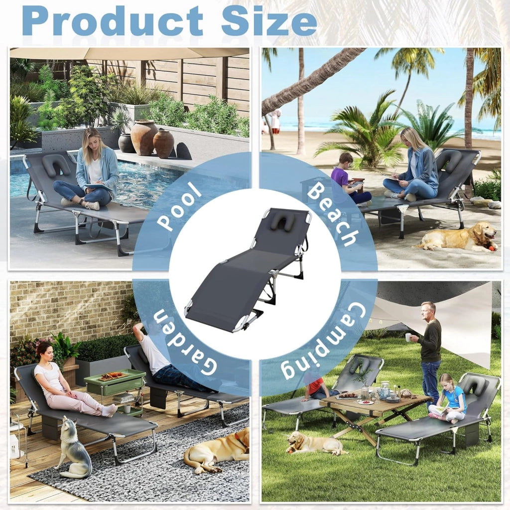 Sedia a sdraio pieghevole da giardino con schienale e poggiapiedi regolabili, portatile, da giardino, da spiaggia, per giardino, terrazza, spiaggia, grigio scuro