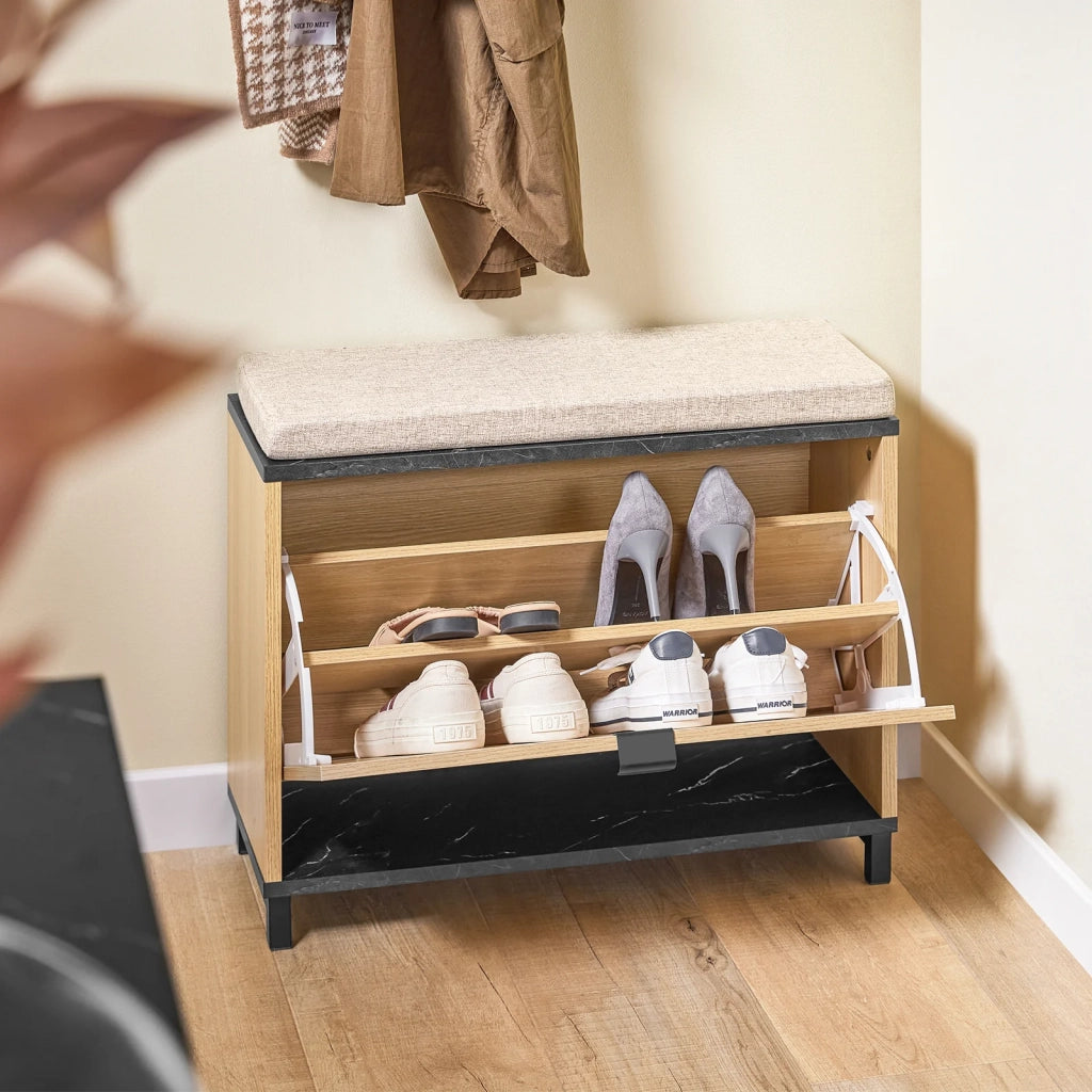 SoBuy Scarpiera Ingresso Panca Contenitore Scarpiera Salvaspazio Slim con Seduta Imbottita Mobile Ingresso Legno per Camera da Letto e Corridoio Nero Effetto Marmo e Legno 60x24x50cm FSR201-N
