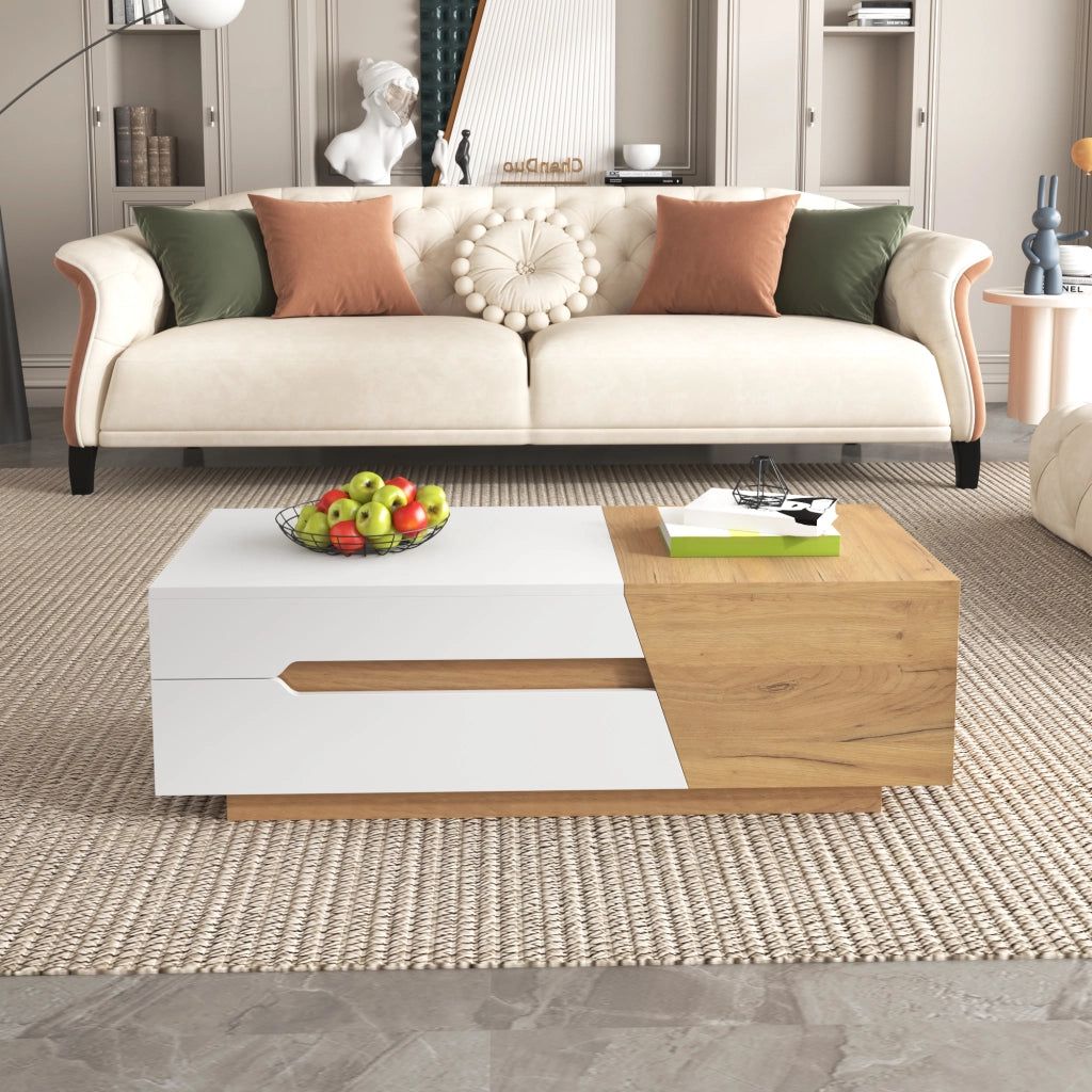Tavolino da salotto con 2 Cassetti e Vani scorrevoli; per Soggiorno; in MDF; 120 × 50 × 37.5 cm; Bianco e Naturale