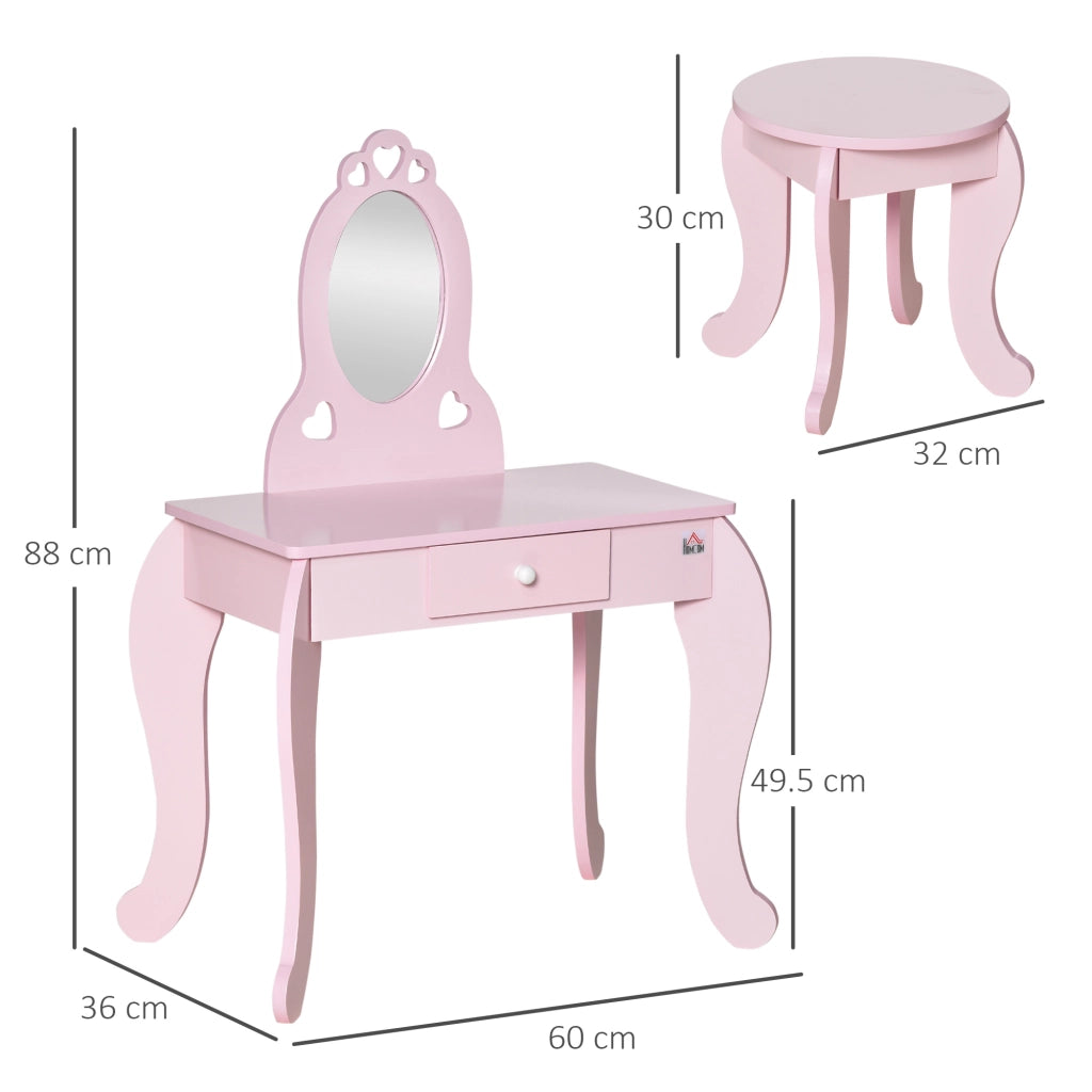 EasyComfort Tavolo Trucco per Bambini con Sgabello in Legno, Toeletta con Specchio e Cassetto, 60x36x88cm, Rosa