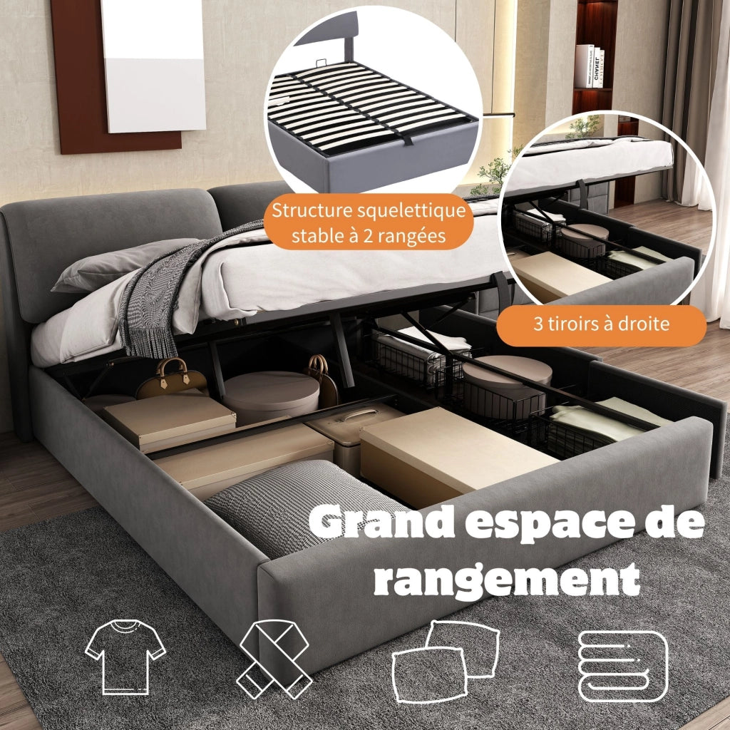Letto Contenitore 140x190 cm con 3 Cassetti e Sollevamento Idraulico in Velluto Grigio
