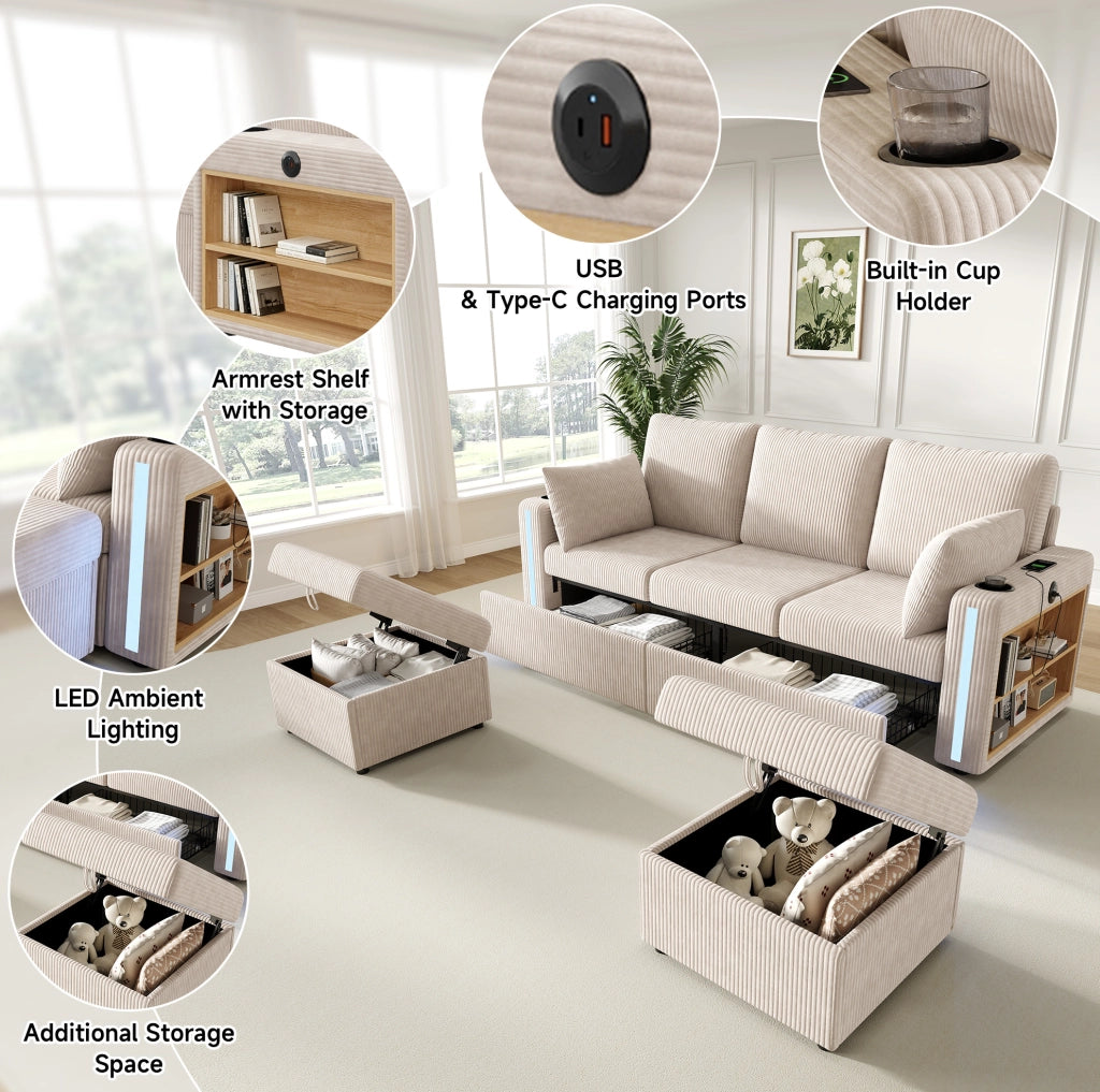 Divano modulare ULEVR 190x130x85 cm a U/L con 2 pouf contenitore, LED, USB e Type-C, beige