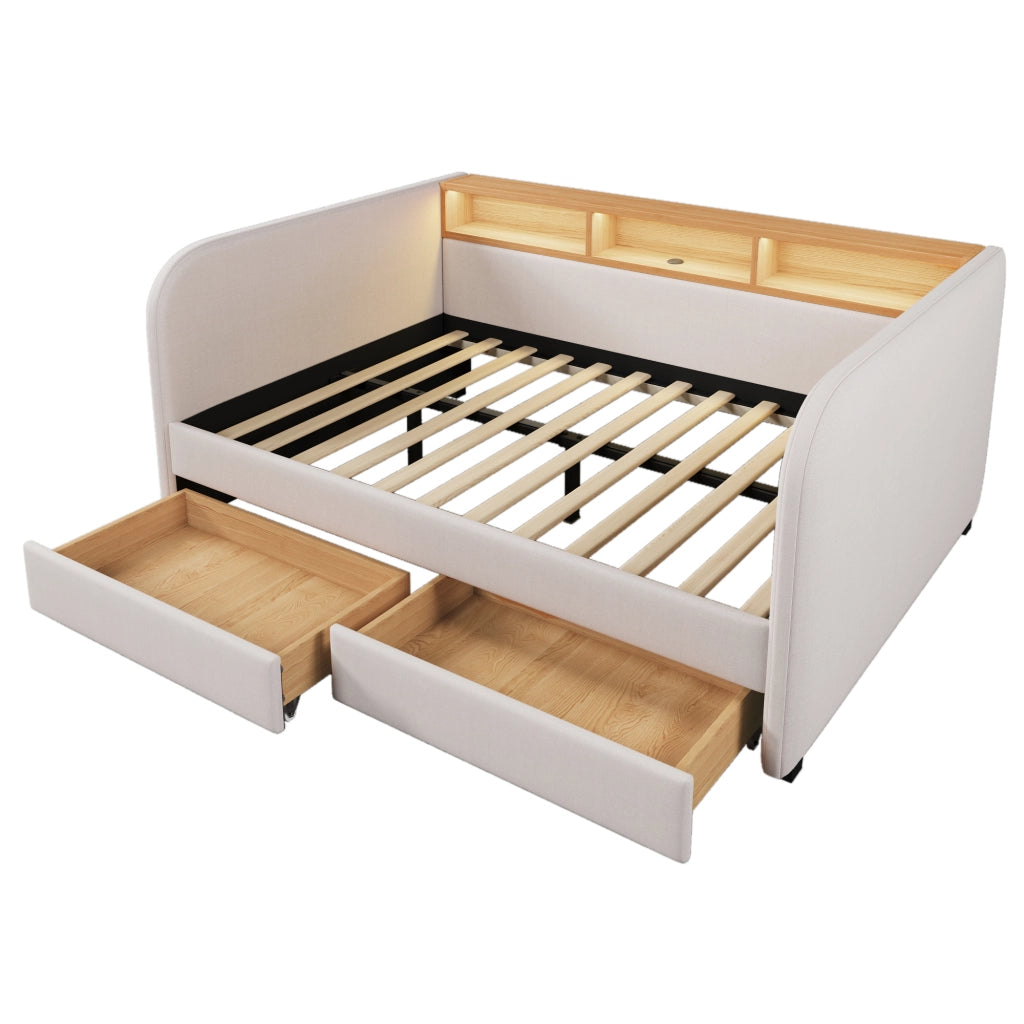 Letto imbottito 140x190 cm con LED, USB-C, 2 cassetti e testiera contenitore, beige chiaro