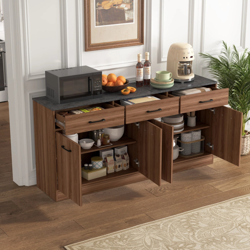 Credenza e madia da cucina con 3 cassetti e ripiani regolabili in MDF finitura noce con piano effetto cemento