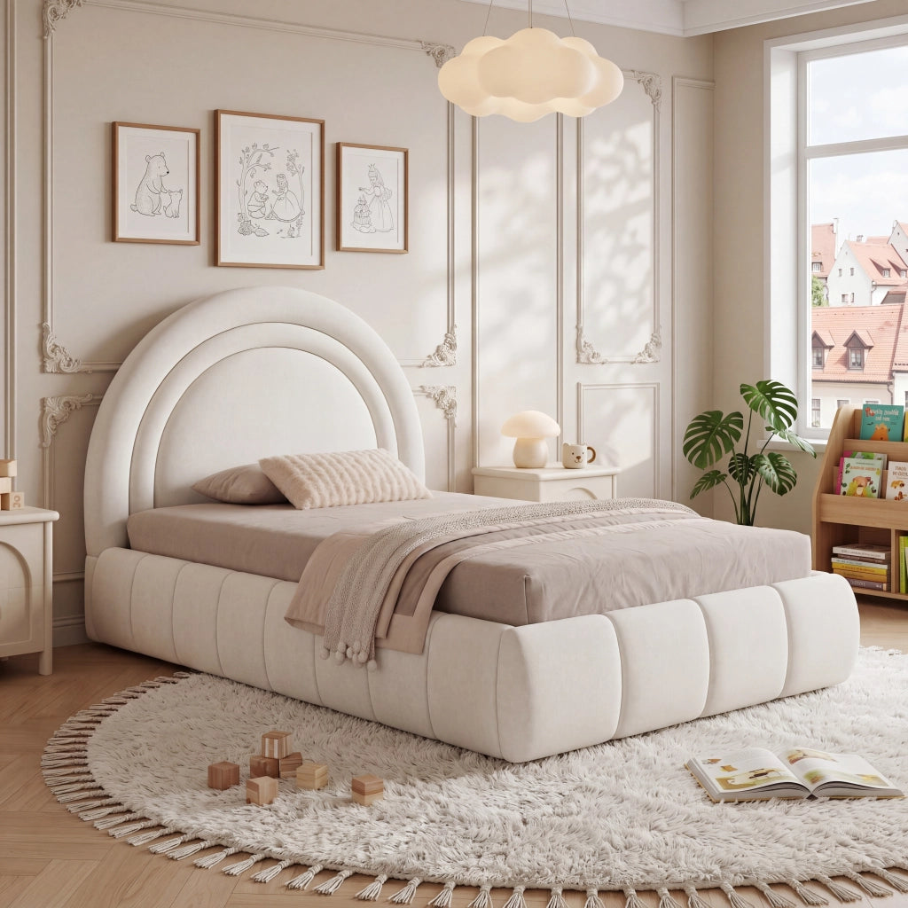 Letto per bambini 90 × 200 cm con contenitore idraulico, testiera imbottita, senza materasso, velluto beige