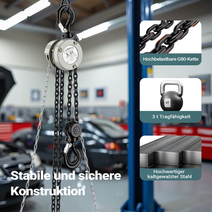 Mini paranco a catena manuale VSK-3, capacità di carico 3 t, altezza di sollevamento 3 m, per sollevare e abbassare carichi pesanti in officine, magazzini e cantieri, per impieghi gravosi