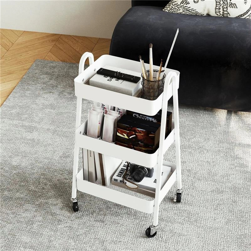 CARRELLO CUCINA MULTIUSO A 3 LIVELLI RUOTE GIREVOLI CON FRENO E MANIGLIE BIANCO 42.4X29.8X74.5 CM
