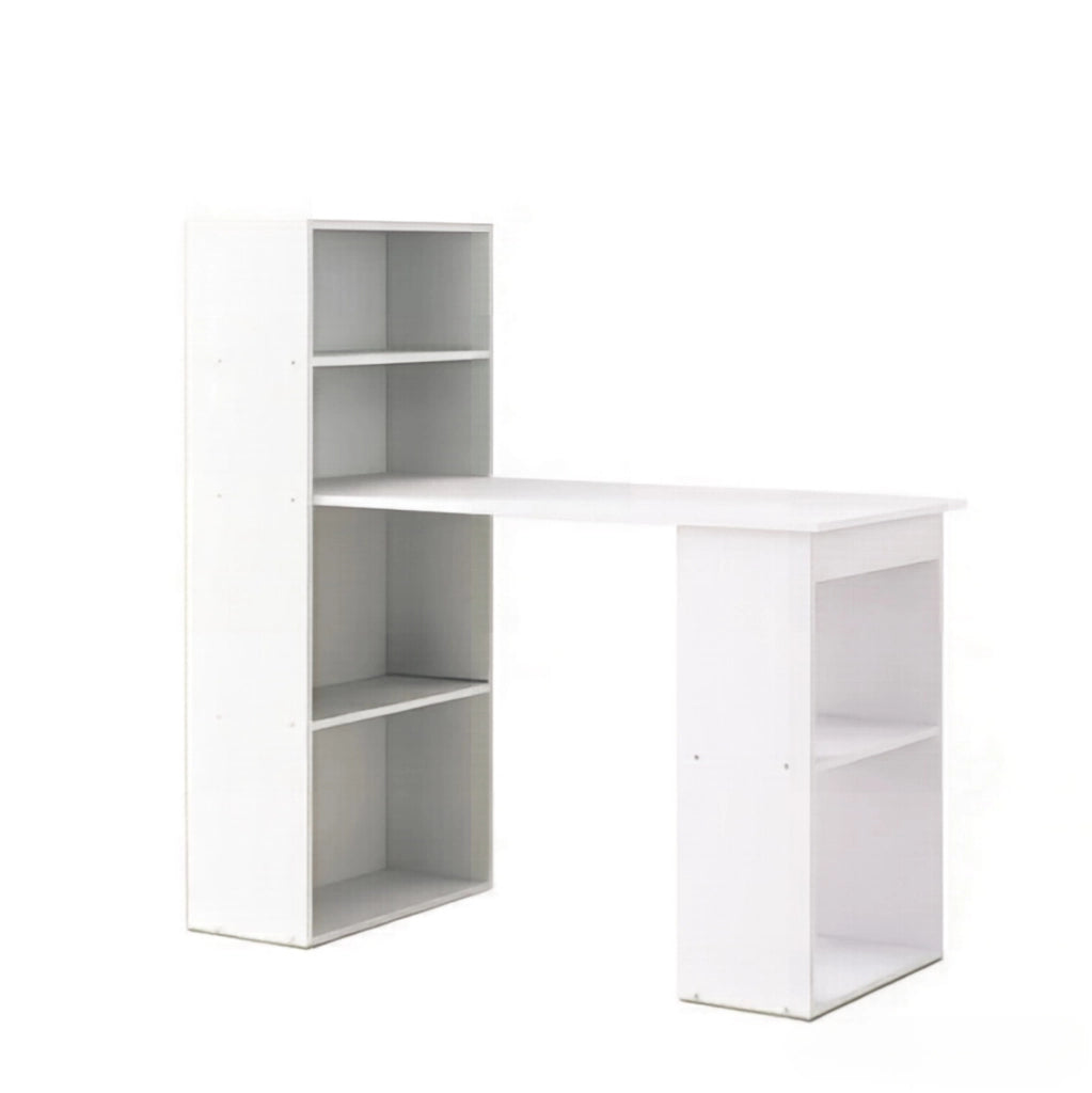 Scrivania bianca in truciolato con libreria integrata e design moderno, 120x55x120 cm