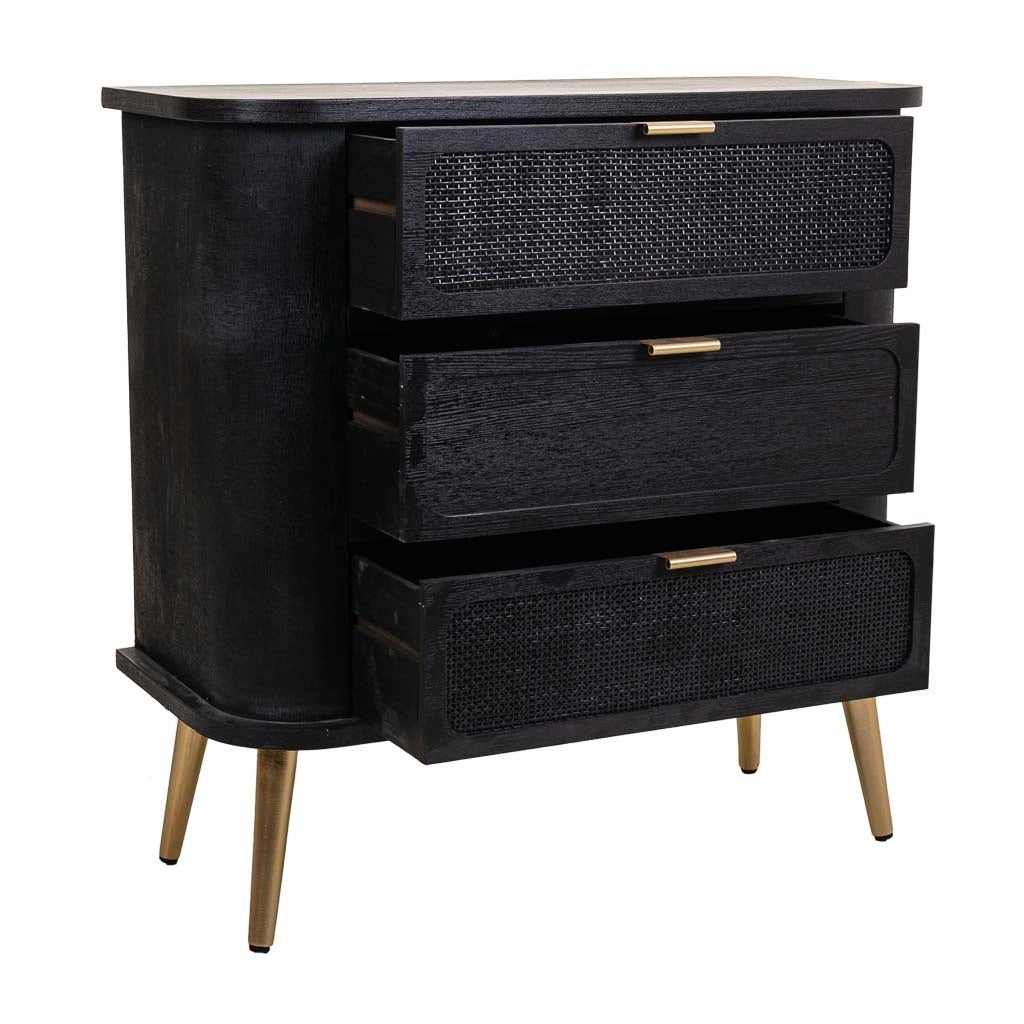 Cassettiera in legno e rete laccata nera 80x35x81h