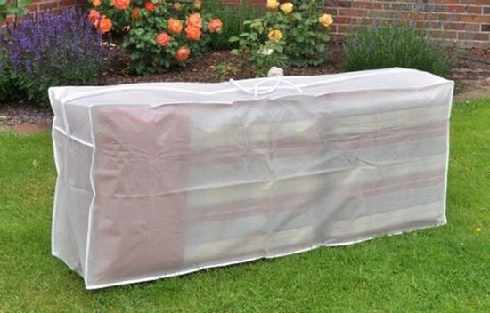 Supporto per cuscini per mobili da giardino - Materiale PEVA duraturo - Resistente alle intemperie - Chiusura a righello - 2 maniglie - Dimensioni 125x50x30 cm - Tasca di ripostiglio