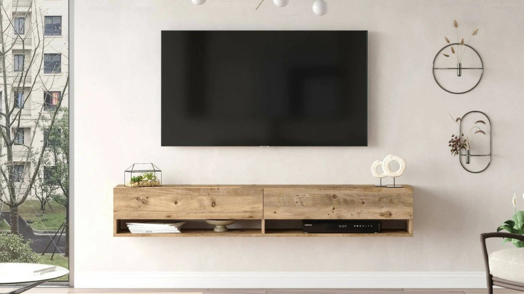 Mobile porta TV Compasso, Credenza da soggiorno, Armadio basso per TV, Base parete attrezzata, 180x32h29 cm, Quercia