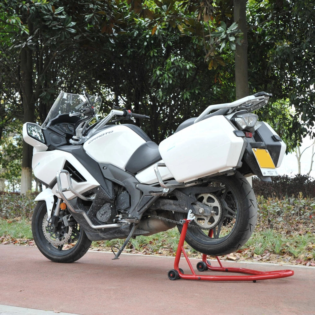 Cavalletto Posteriore Moto 150 kg ¨C Xylo ¨C Acciaio Rosso con Forche Regolabili U & L per Manutenzione