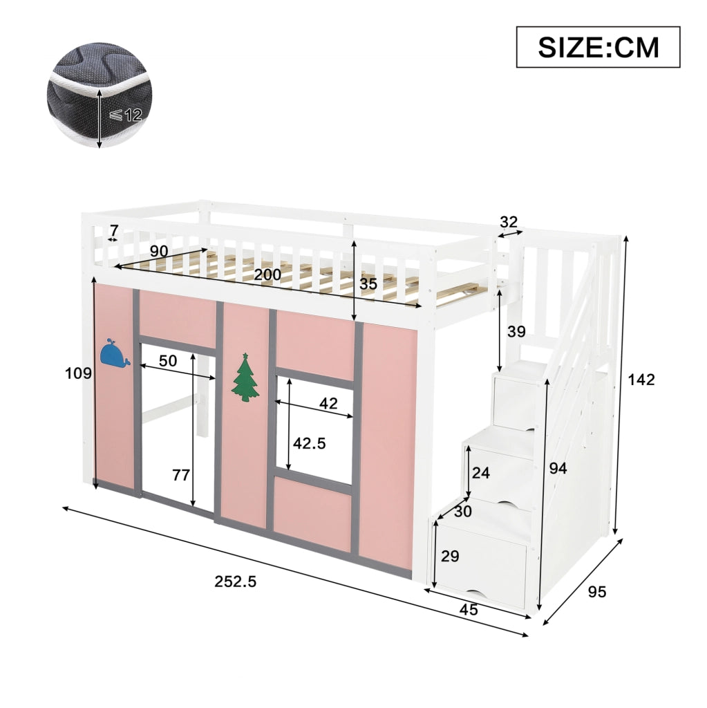 Letto a soppalco basso per bambini 90x200 cm con scala contenitore e LED; legno e MDF; bianco e rosa