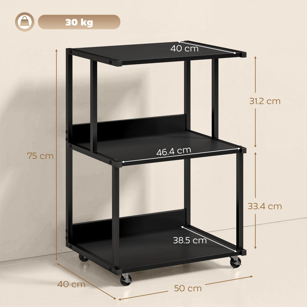 Tavolino industriale con ruote ¨C zephmum ¨C nero, metallo, 3 livelli
