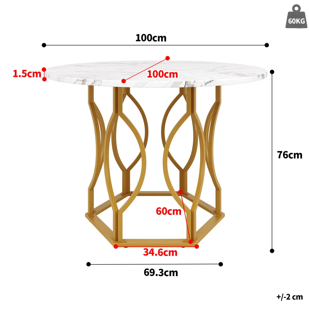 Tavolo da pranzo rotondo 100x100x76 cm; MDF e metallo; bianco e oro