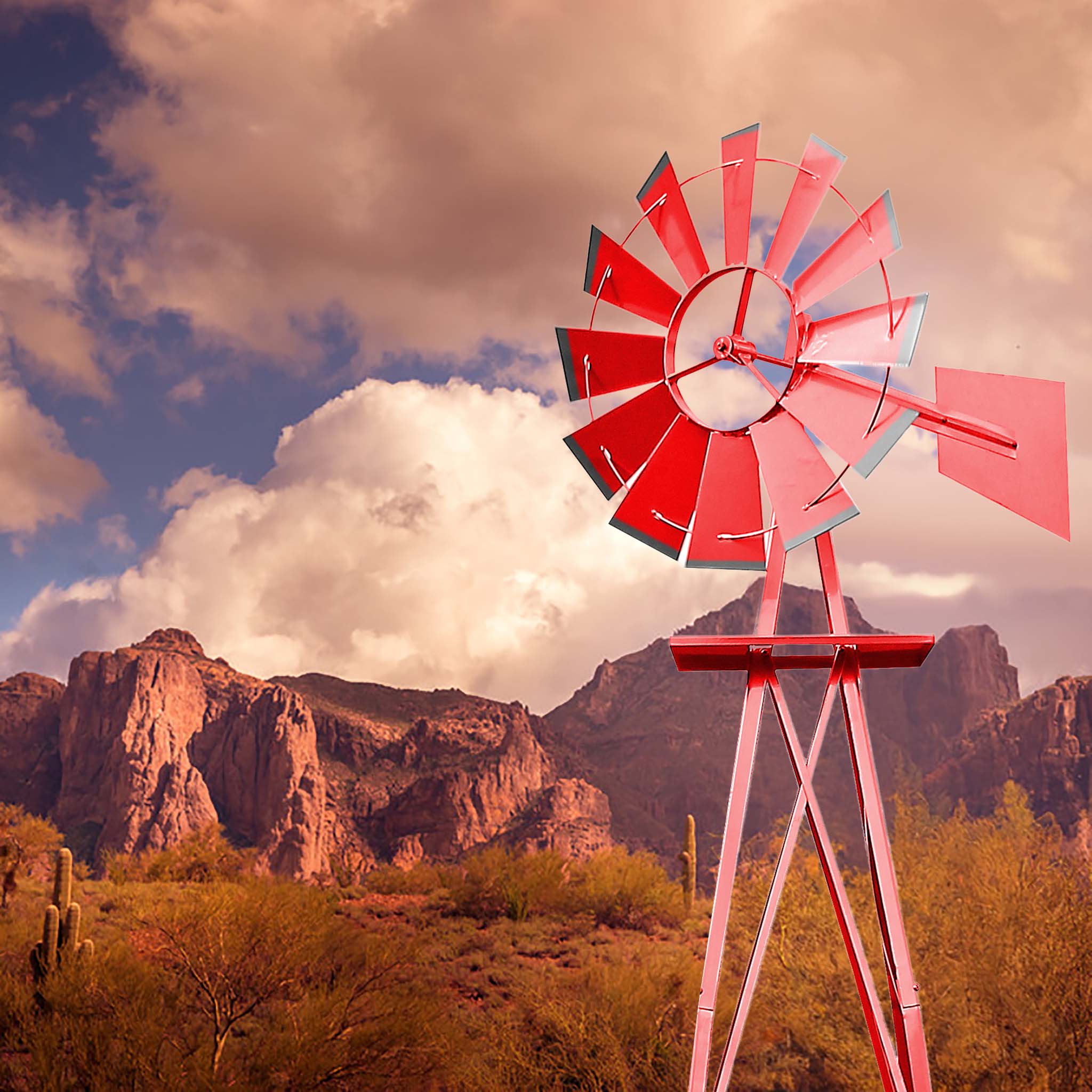 Mulino a vento da giardino stile USA rosso, altezza 245 cm, Ruota a vento con cuscinetti a sfera
